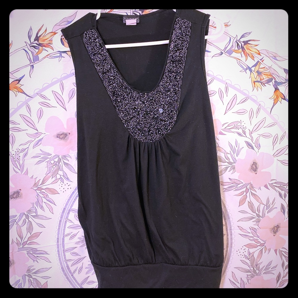 Beaded Embroidered Black Tank Top